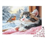 Kitten Bird Window Jigsaw Puzzle 1000 Pieces Recycled Paper for Adults Puzzle for Adults Fun Challenging Game Fun Home Activity Great Gift for Creativity Gift Giving 52x38cm/1000pcs