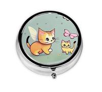 Kitten Butterfly Round Mini Pill Box: 3-Compartment Portable Metal Pill Organizer with Snap Closure, Ideal for Daily Travel Use