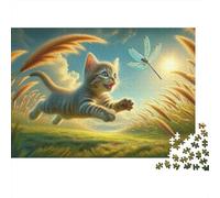 Kitten Chasing Dragonfly in Field Jigsaw Puzzles Puzzle for Adults Kids. 1000 Pieces Impossible Challenge Toy Educational Game Home Decoration for Educational Games Gifts 70x50cm/1000pcs