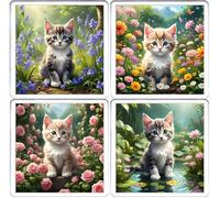 Kitten Coaster Set. 4 different Kitty Cat Pictures on 10cm x 10cm Acrylic Coasters. Boxed Coaster Drip Mat Set.