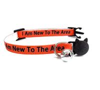 Kitten Collar with Bell | Please Do Not Feed Me, I Am Microchipped | Safe Quick Release Breakaway Buckle (Orange, I Am New To The Area)