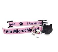 Kitten Collar with Bell | Please Do Not Feed Me, I Am Microchipped | Safe Quick Release Breakaway Buckle (Pink, I Am Microchipped)