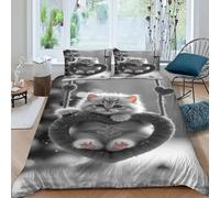 Kitten Heart Bedding Set 3D Digital Printing Cute Snow Animal Duvet Cover Set Pillowcase Microfiber Universal for All Seasons King（220x240cm）