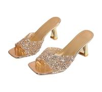 Kitten Heels Mules For Women,Sparkly Slides Women Square Open Toe Breathable Summer Slippers Non-Slip Lightweight Sandals With Shiny Sequins Stylish Slingback Pumps For Party Clubbing