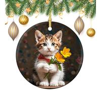 Kitten Hugging A Flower Ceramic Christmas Ornaments 3 Inch Vintage Hanging Baubles with Gold String for Xmas Tree Decorations Holiday Party Yard Garden Home Decor Festive Keepsake Gift Exchange
