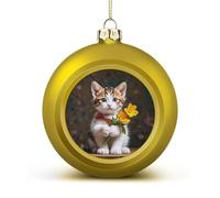 Kitten Hugging A Flower Christmas Tree Ornaments 1.6 Inch Shatterproof Pc Plastic Balls with Lanyard Baubles Hanging Christmas Ball Ornaments for Xmas Tree Holiday Party Wedding Home Decorations-golde
