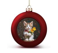 Kitten Hugging A Flower Christmas Tree Ornaments 1.6 Inch Shatterproof Pc Plastic Balls with Lanyard Baubles Hanging Christmas Ball Ornaments for Xmas Tree Holiday Party Wedding Home Decorations-red