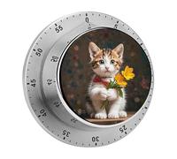 Kitten Hugging A Flower Kitchen Timers for Cooking 60 Minute Wind Up Timer, Magnetic Back, Visual Mechanical Timer with Loud Alarm, Manual Countdown Timers for Classroom Home Gym Tanning