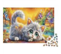 Kitten in Raincoat 1000 Pieces Jigsaw Puzzle for Women | Challenging Game Fluffy Kitten near A House Fun Present & Home Activity 52x38cm/1000pcs
