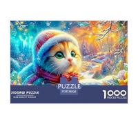 Kitten in Winter Hat by Snowy Window with Blooms 1000-Piece Jigsaw Puzzle Cute Pet Cat Great for Game Nights, Adults & Kids 38x26cm/1000pcs