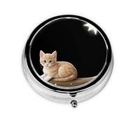 Kitten Looking at The Stars Mini Round Pill Box, can be Put into Wallet, Pocket, Light and Convenient, 3 Compartment Pill Box, Portable Pill Box,