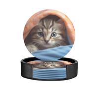 Kitten Lying on a Red Sofa Beautiful Drawing Set of 6 Table Coasters Modern PU Cup Coasters for Drinks, Coaster Set,4 Inches