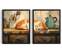 Kitten Nap Wall Art Poster Prints, Kitchen Still Life Dining Room Painting, Chefs Cooking Food Wall Art Decor AA31 (Kitten Nap, 8 x 10 inches (2 Panels), Unframed)