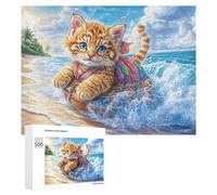 Kitten on Raft with Colorful Life Jacket 500 Piece Jigsaw Puzzle for Couples Home Puzzle Collaboration Strategic Thinking Gift for Romance 500 PCS