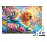 Kitten & Puppy in Flowers, One in Blue Boot 1000 Piece Jigsaw Puzzle Cute Cat Great Present for Kids & Adults 52x38cm/1000pcs