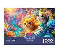 Kitten & Puppy in Flowers, One in Blue Boot 1000-Piece Jigsaw Puzzle Dreamy Cute Cat - Great for Game Nights, Adults & Kids 52x38cm/1000pcs