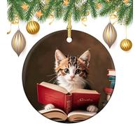 Kitten Reading A Book Ceramic Christmas Ornaments 3 Inch Vintage Hanging Baubles with Gold String for Xmas Tree Decorations Holiday Party Yard Garden Home Decor Festive Keepsake Gift Exchange