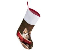 Kitten Reading A Book Christmas Stockings 18 Inch Large Fireplace Hanging Stockings with Soft Plush Cuff & Red Loop for Xmas Tree Festive Holiday Party Favors Gift Home Decor