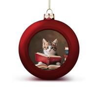 Kitten Reading A Book Christmas Tree Ornaments 1.6 Inch Shatterproof Pc Plastic Balls with Lanyard Baubles Hanging Christmas Ball Ornaments for Xmas Tree Holiday Party Wedding Home Decorations-red