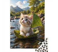 Kitten Sailing on A Leaf Boat 1000 Piece Puzzle for Relaxing Weekends, 38x26cm/1000pcs