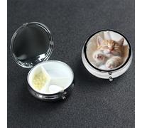 Kitten Sleeps Pill Box 3 Compartment Pill Case for Purse or Pocket Small Medicine Organizer with Mirror Travel Pillbox Decorative Metal Vitamin Container Unique Gift