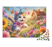 Kitten Sunflower Garden Jigsaw Puzzle 500 Pieces for Adults | 52x38cm Thick Paperboard, HD Printing, Laser Cut Smooth Interlock, Clean Edges, No Gaps, Living Room Decor