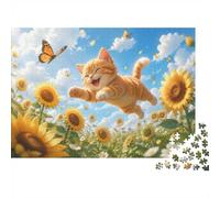 Kitten Sunflowers Jigsaw Puzzle 500 Pieces for Adults | 52x38cm Quality Cardboard, Sharp HD Print, Tight Interlock Fit, Clean Finish, Stress Relief, Birthday Gift