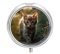 Kitten Walking on the Grass Portable Round Pill Box for Medicine Tablets Pocket Vitamin Organizer