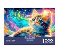 Kitten with Big Blue Eyes in A Colorful, Glowing Floral Landscape 1000 Piece Jigsaw Puzzle Dreamy Cute Cat for Kids & Adults 70x50cm/1000pcs
