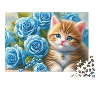 Kitten with Blue Roses 1000Pc Recycled Cardboard Jigsaw Puzzle for Kid Toys Classic Educational Game 1000 Pieces Jigsaw Puzzle 38x26cm/1000pcs