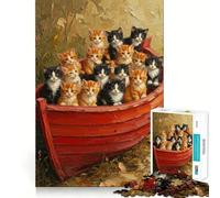 Kittens in A Boat Painting Jigsaw Puzzle for Adults 1000 Pieces Logic Fun Clear Hue Playful Challenge Santa Present (38x26cm)
