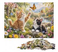Kittens Playing with Butterflies in a Meadow Jigsaw Puzzle, 500 Pieces | During puzzle time: Puzzle for Adults - sorting by colour, shape or image area alone or together.