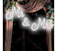 Kittmip Mr & Mrs Neon Sign for Wedding - LED Backdrop Wall Decor USB Sign - Wedding Reception Decoration Gifts for Anniversary, Engagement, Banquet (Cold White, 25 x 7 Inches)