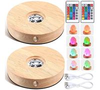 Kittmip Rechargeable LED Base Crystal Display Wood Round LED Light Base Stand 16 Light Modes with Remote Controls and USB Charging Cables Lighted Display Stand for Crystal Glass Art(2 Packs)