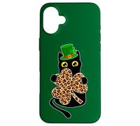Kitty Black Cat Holding Leopard Shamrock St Patrick's Day Case for iPhone 16 Plus