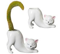 Kitty Cat Planter Pot Tailless Kitten Succulent Flower Pot Novelty Ceramic Plants Display Stand Holder Bonsai Container for Cat Plants Lovers, Cute Office Desk Home Indoor Outdoor Decor, No Plants