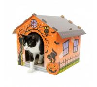 Kitty City Haunted House Halloween Cat Scratcher House - Corrugated Cardboard Kitty Scratching Cave & Catnip, Indoor Halloween Cat Toys, Spooky Decor Kitten Cave Hideout, Feline Lounger Bed - Orange