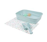 Kitty City Kitten Low Sides Litter Box & Mat Starter Set - Open Top Small Litter Pan Tray, Easy Clean Non-Stick, Odor Resistant, Indoor Kitten Toilet for New Pet, Scoop & Toys - Blue, 15”x10.5”x3.5”