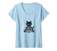 Kitty Commit President Cute Cat Lover V-Neck T-Shirt, Women, Baby Blue, S