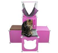 Kitty Cubby Cat Cube Play Tower Medium Size - Modular Cat Activity Centre with Hammock, Scratcher & Blanket | Customizable Climbing & Playhouse for Cats (Pink, Grey, or Cream) (Pink)