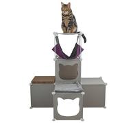 Kitty Cubby Cat Cube Play Tower Medium Size - Modular Cat Activity Centre with Hammock, Scratcher & Blanket | Customizable Climbing & Playhouse for Cats (Pink, Grey, or Cream) (Grey)