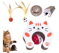 Kitty Interactive Cat Scratching Board, Durable Corrugated Paper Scratcher for Cats, Foldable Organ Cat Scratcher Toys with Bell Ball and 2 Feather Exercise Balls for Indoor Cats and Kittens (A)