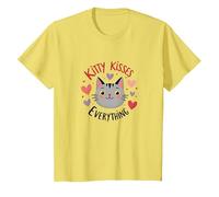 Kitty Kisses Everything: Cute Cat Love Hearts T-Shirt, Kids, Lemon, 3 Years