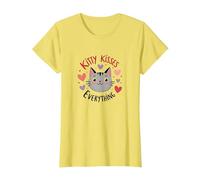 Kitty Kisses Everything: Cute Cat Love Hearts T-Shirt, Women, Lemon, M