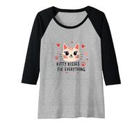 Kitty Kisses Fix Everything - Cute Cat Love Raglan Baseball Tee, Women, Black/Athletic Heather, S