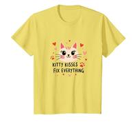 Kitty Kisses Fix Everything - Cute Cat Love T-Shirt, Kids, Lemon, 8 Years