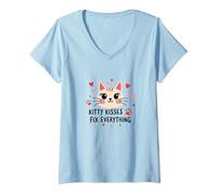 Kitty Kisses Fix Everything - Cute Cat Love V-Neck T-Shirt, Women, Baby Blue, S