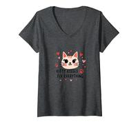 Kitty Kisses Fix Everything - Cute Cat Love V-Neck T-Shirt, Women, Dark Heather Grey, S