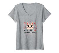 Kitty Kisses Fix Everything - Cute Cat Love V-Neck T-Shirt, Women, Heather Grey, S