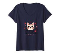 Kitty Kisses Fix Everything - Cute Cat Love V-Neck T-Shirt, Women, Navy, M